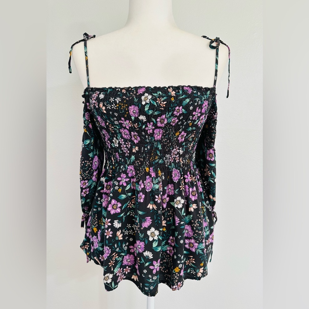 NWOT Aeropostale Black Smocked Off The Shoulder Purple Floral Top - Medium
